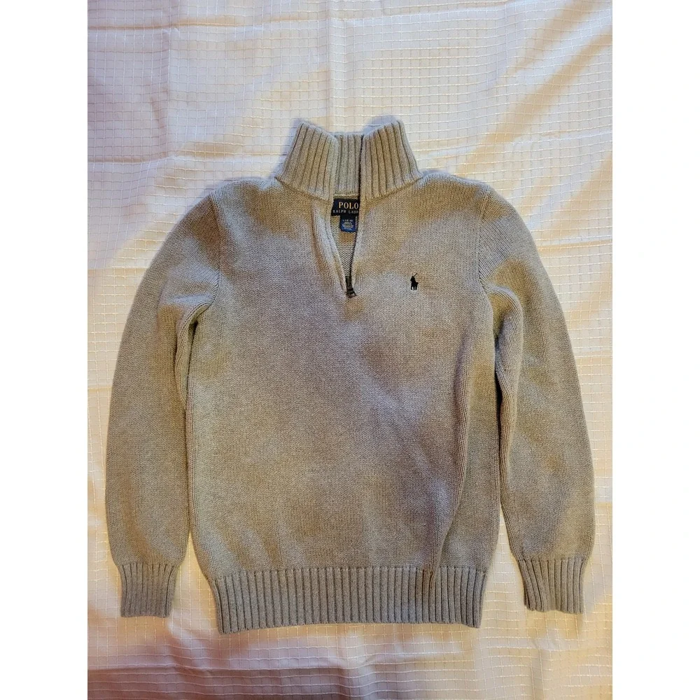Polo Ralph Lauren Boys Gray 100% Cotton Quarter Zip Sweater Size L 14-16